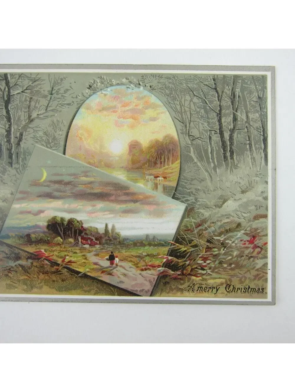 Victorian Christmas Card Raphael Tuck & Sons Rural Woods Stream Animals Antique